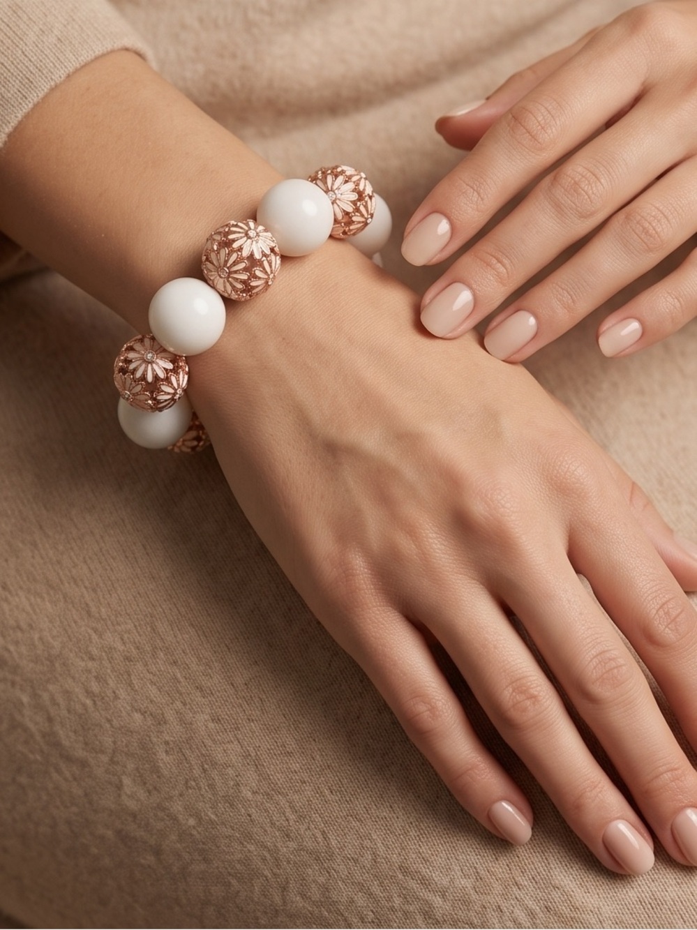 White Beaded Bracelet with Rose Gold Floral Accents